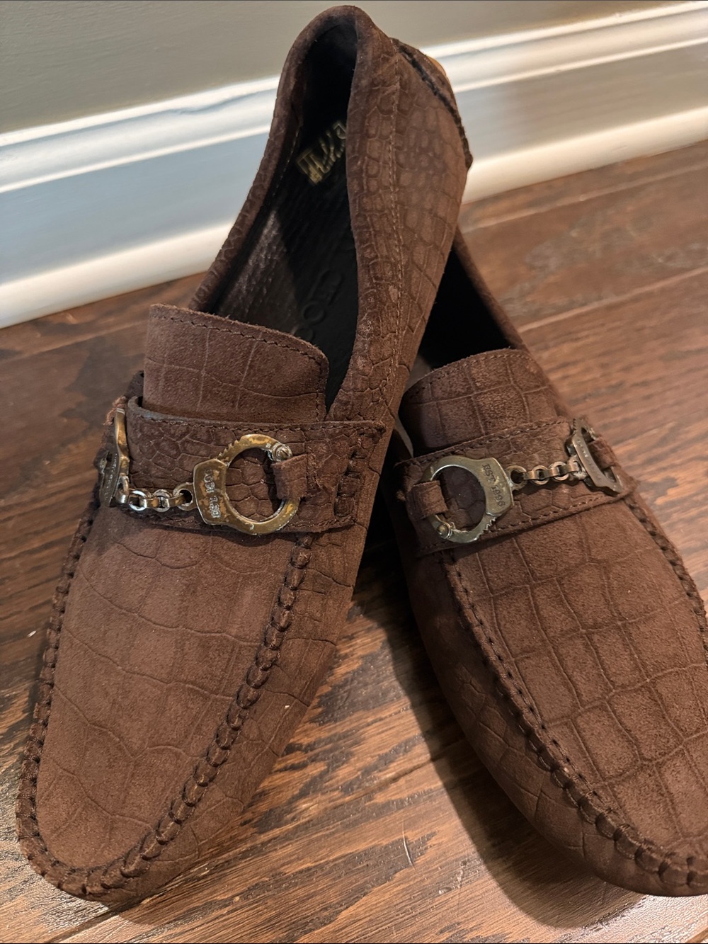 Brown Men's Suede Loafers with Chain Bit Detail